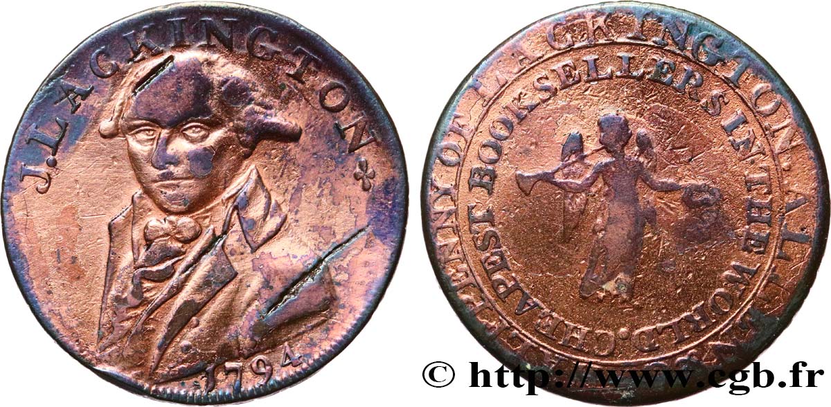 BRITISH TOKENS 1/2 Penny J. Lackington 1794  VF 
