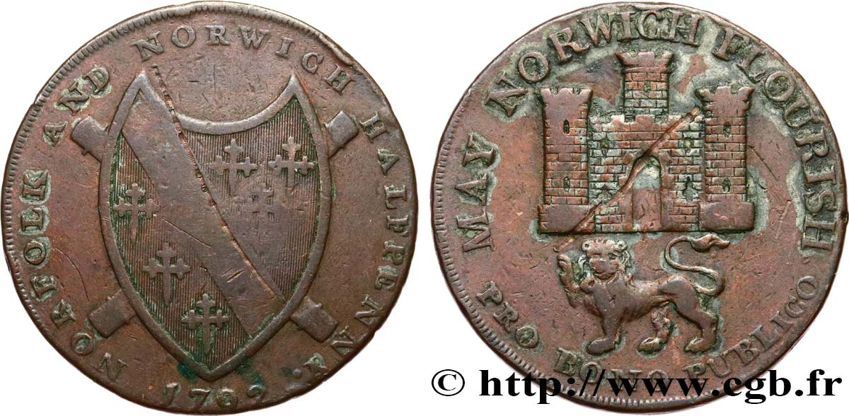 BRITISH TOKENS OR JETTONS 1/2 Penny Norwich (Norfolk) 1792  VF 