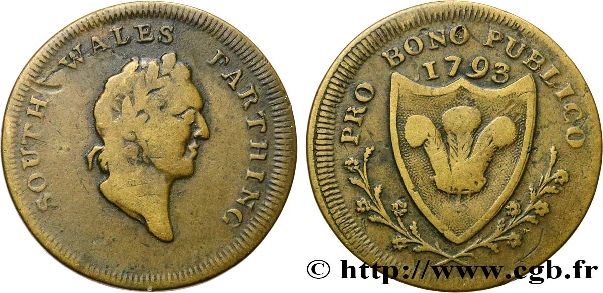 BRITISH TOKENS OR JETTONS Farthing - South Wales 1793  VF 