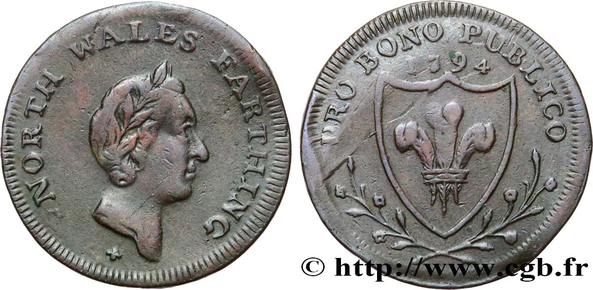 BRITISH TOKENS OR JETTONS Farthing - North Wales 1794  XF 