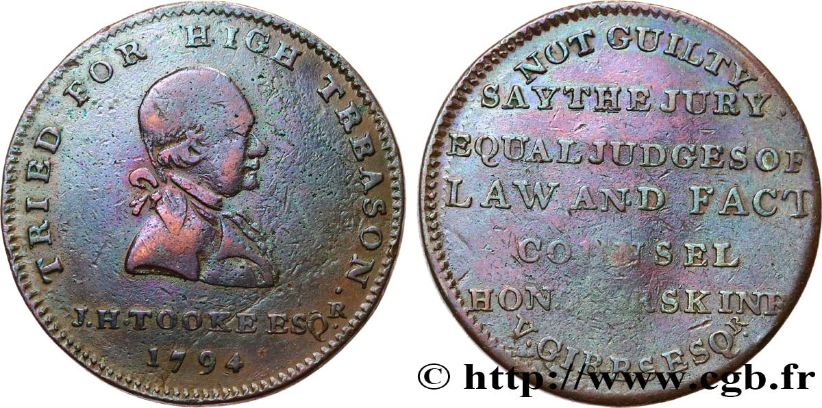 BRITISH TOKENS OR JETTONS 1/2 Penny Tooke (Middlsex) 1794  VF 