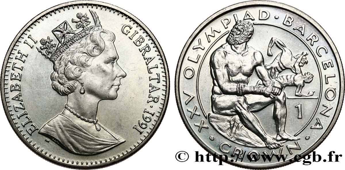 GIBRALTAR 1 Crown Proof 25e Jeux Olympique de Barcelone : Elisabeth II / lutteurs 1991 Pobjoy Mint fST