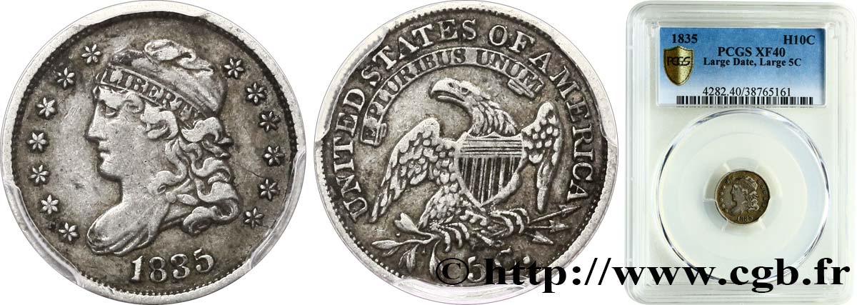 UNITED STATES OF AMERICA 5 Cents “capped bust” 1835 Philadelphie XF40 PCGS