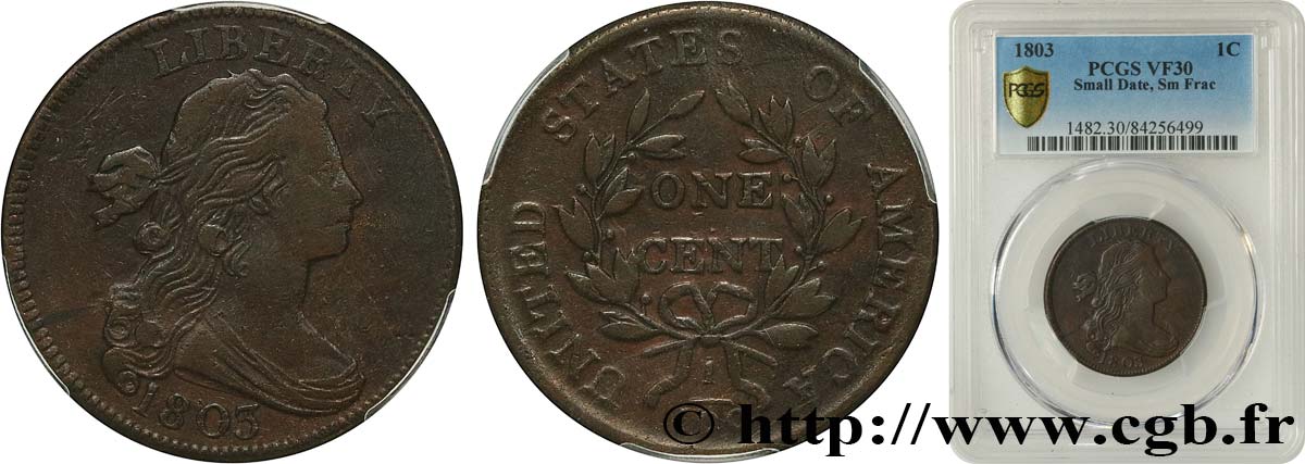 UNITED STATES OF AMERICA 1 Cent “Draped Bust” 1803 Philadelphie VF30 PCGS