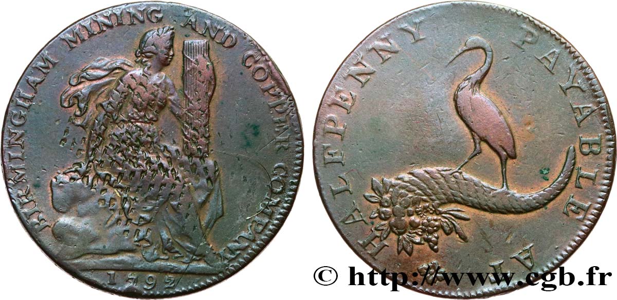 BRITISH TOKENS OR JETTONS 1/2 Penny Birmingham (Warwickshire) 1792  XF 