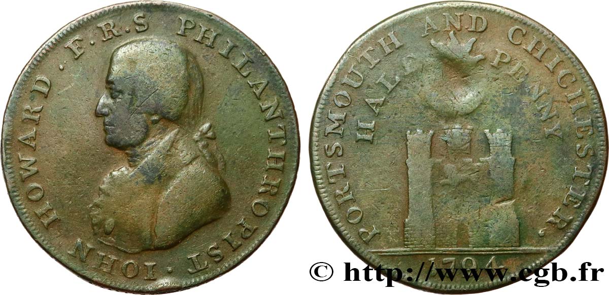 BRITISH TOKENS OR JETTONS 1/2 Penny Porthmouth (Hampshire) John Howard 1794  F 