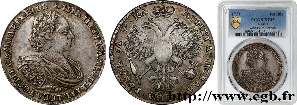 RUSSIA - PETER THE GREAT I Rouble 1721 Moscou XF45 PCGS