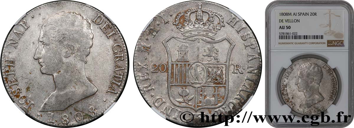 SPAIN - KINGDOM OF SPAIN - JOSEPH NAPOLEON 20 Reales ou 5 Pesetas 1808 Madrid AU50 NGC