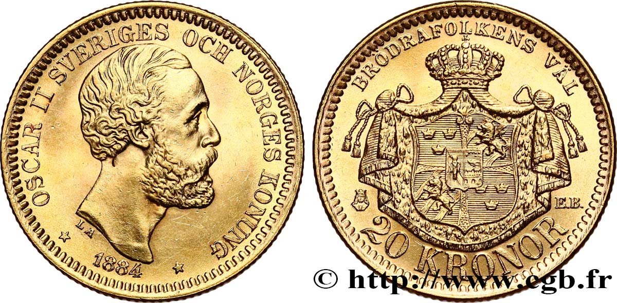 SWEDEN - KINGDOM OF SWEDEN - OSCAR II 20 kronor Oscar II, 3e type 1884 Stockholm AU