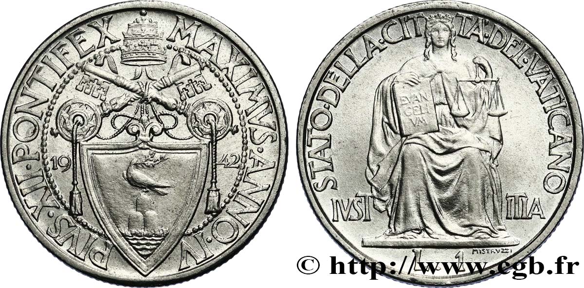 VATICAN AND PAPAL STATES 1 Lira frappe au nom de Pie XII an IV 1942 Rome AU