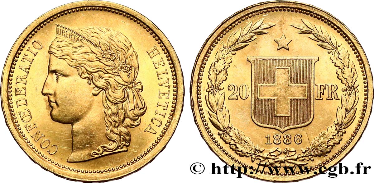 SWITZERLAND 20 Francs Helvetia 1886 Berne AU 