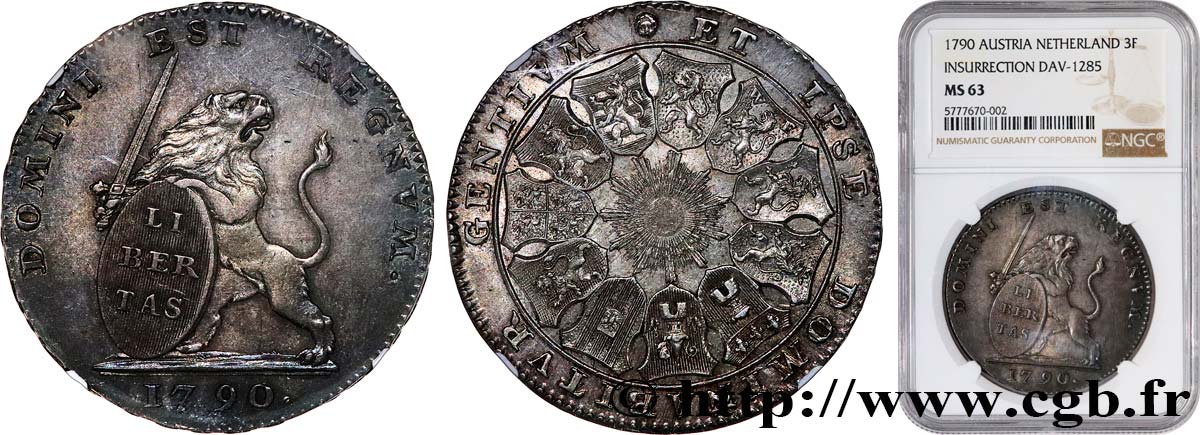 BELGIQUE - ÉTATS UNIS DE BELGIQUE Lion d’argent ou pièce de 3 florins 1790 Bruxelles SC63 NGC