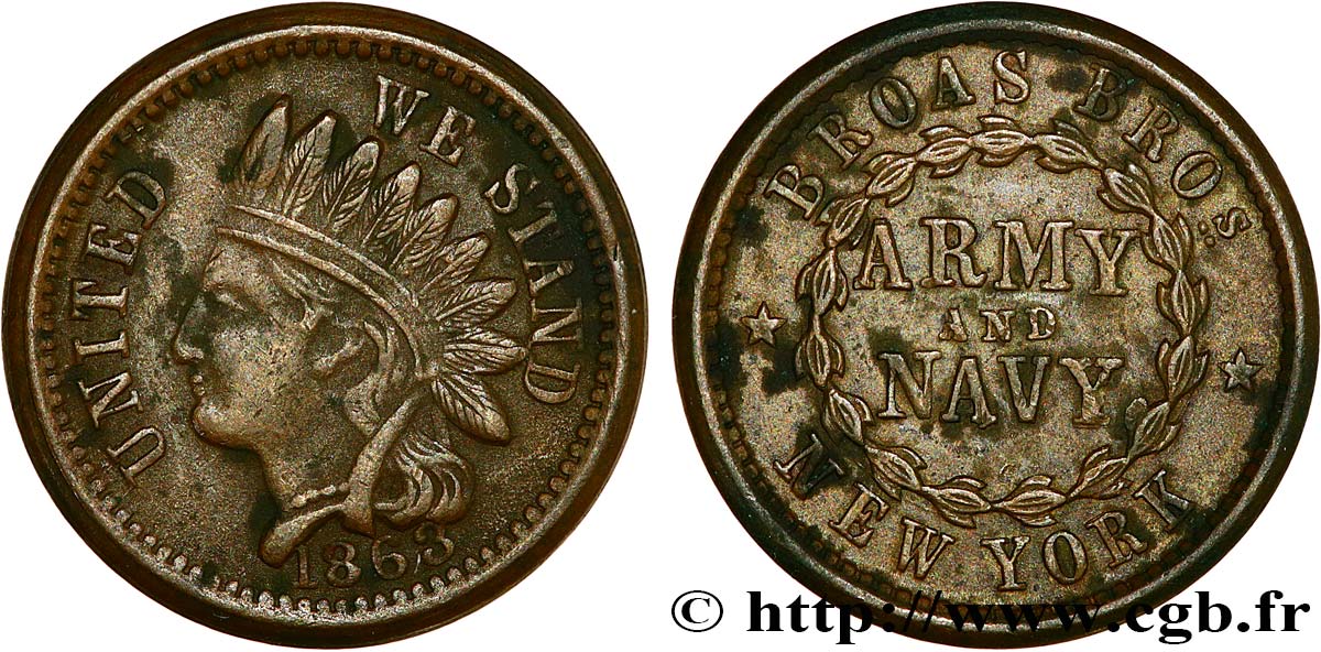 UNITED STATES OF AMERICA 1 Cent (1861-1864) “civil war token” tête d’indien 1863  XF 