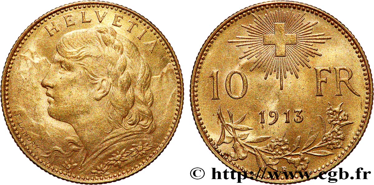 SWITZERLAND 10 Francs or  Vreneli  1913 Berne AU 