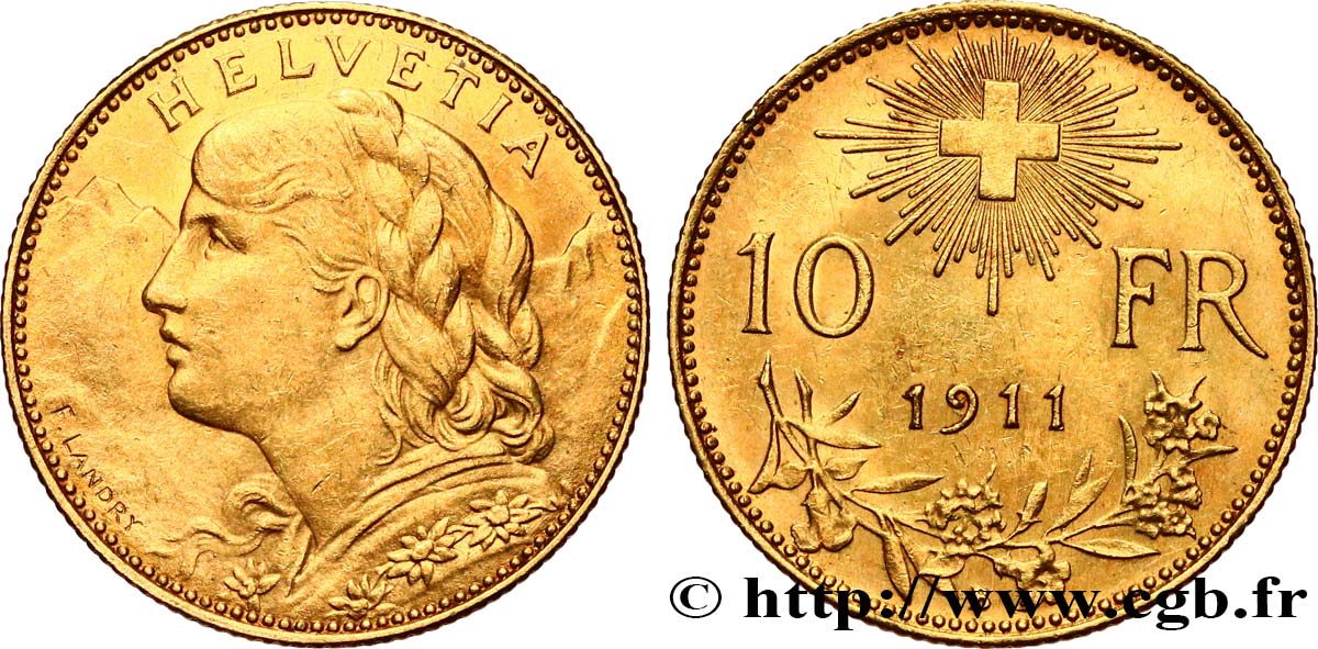 SUISSE 10 Francs Vreneli 1911 Berne TTB+