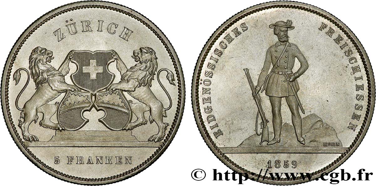SWITZERLAND - CANTON OF ZÜRICH 5 Franken Tir de Zurich 1859  MS 