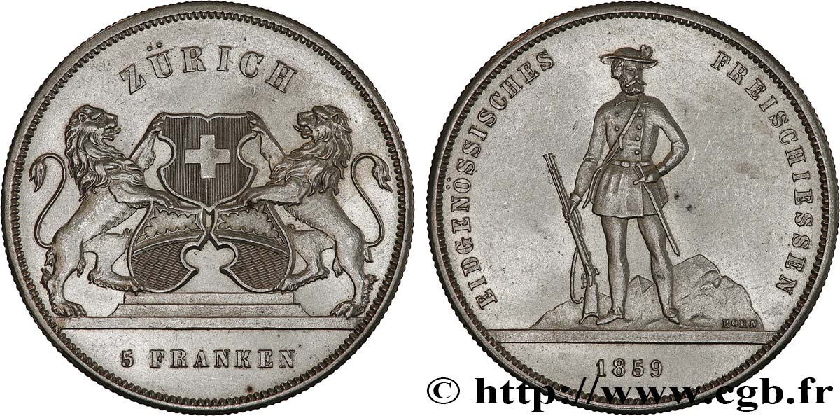 SWITZERLAND - CANTON OF ZÜRICH 5 Franken Tir de Zurich 1859 AU