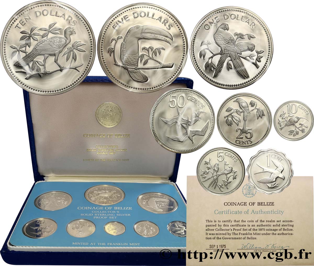 BELIZE Série Proof 8 monnaies emblèmes / oiseaux 1975 Franklin Mint FDC 