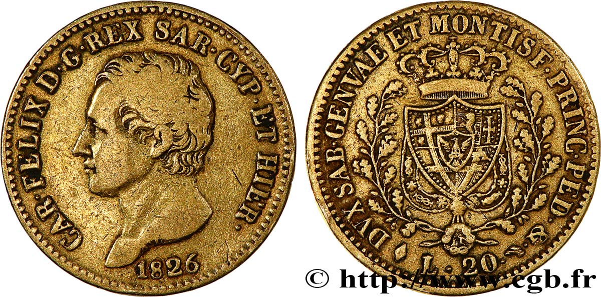 ITALY - KINGDOM OF SARDINIA 20 Lire Charles Félix roi de Sardaigne 1826 Turin VF 