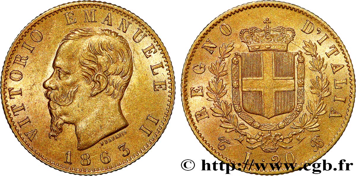 ITALY 20 Lire Victor Emmanuel II 1863 Turin AU