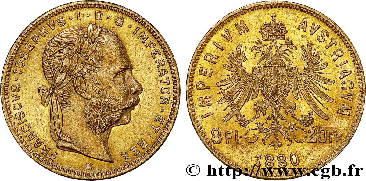 AUSTRIA 8 Florins ou 20 Francs or François-Joseph Ier 1880 Vienne AU 
