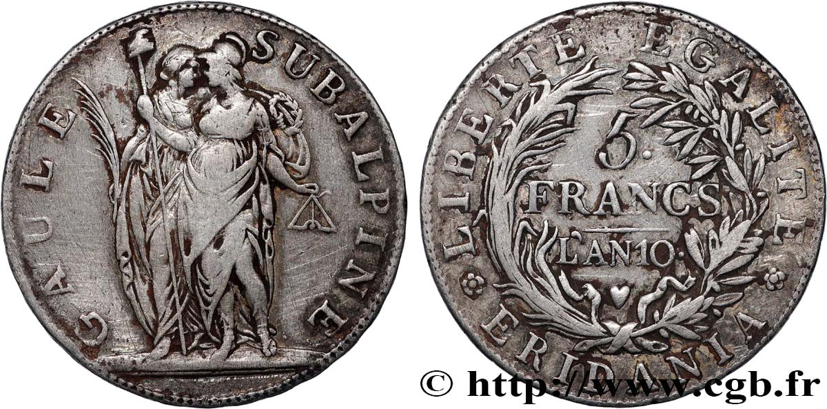 ITALY - SUBALPINE GAUL 5 Francs an 10 1802 Turin VF