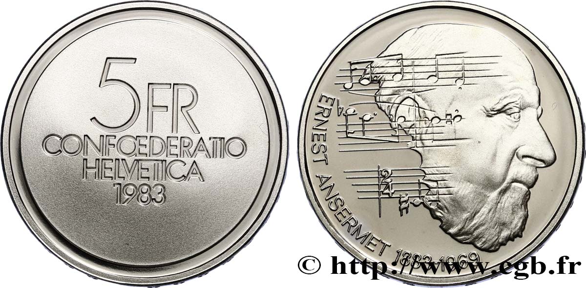 SUISSE 5 Francs Proof 100e anniversaire de la naissance du chef d’orchestre Ernest Ansermet Proof 1983 Berne SPL