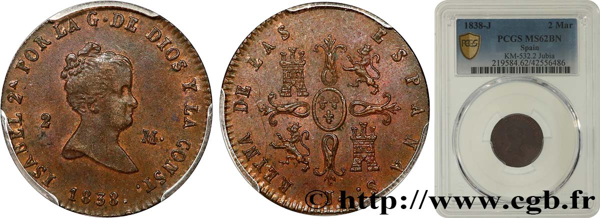 SPAIN - KINGDOM OF SPAIN - ISABELLA II 2 Maravedis  1838/1738 1838 Jubia MS62 PCGS