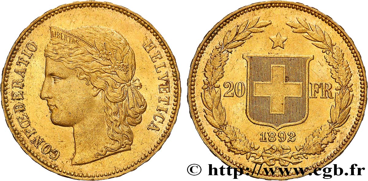 INVESTMENT GOLD 20 Francs Helvetia 1892 Berne AU 