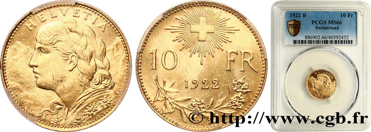 SCHWEIZ 10 Francs  Vreneli  1922 Berne ST66 PCGS