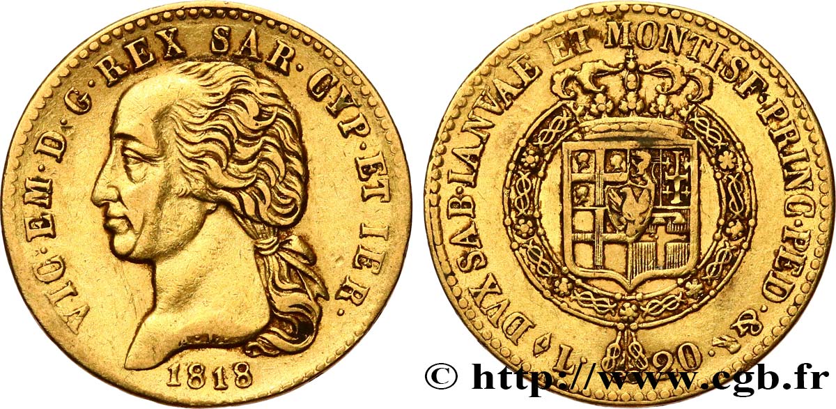 ITALY - KINGDOM OF SARDINIA - VICTOR-EMMANUEL I 20 Lire 1818 Turin XF 