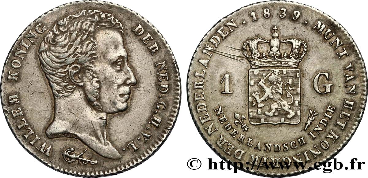 NETHERLANDS INDIES 1 Gulden Guillaume I 1839 Utrecht XF 