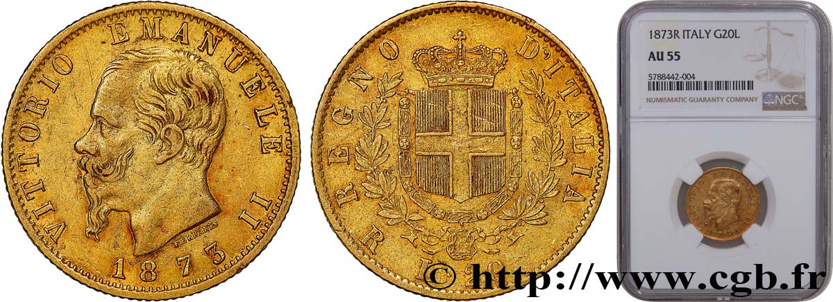 ITALIA - REGNO D ITALIA - VITTORIO EMANUELE II 20 Lire  1873 Rome SPL55 NGC
