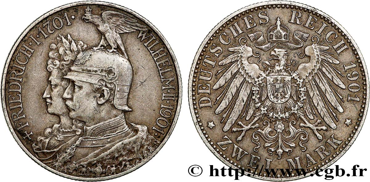 ALLEMAGNE - PRUSSE 2 Mark Guillaume II 200e anniversaire de la Prusse 1901 Berlin TTB+/SUP
