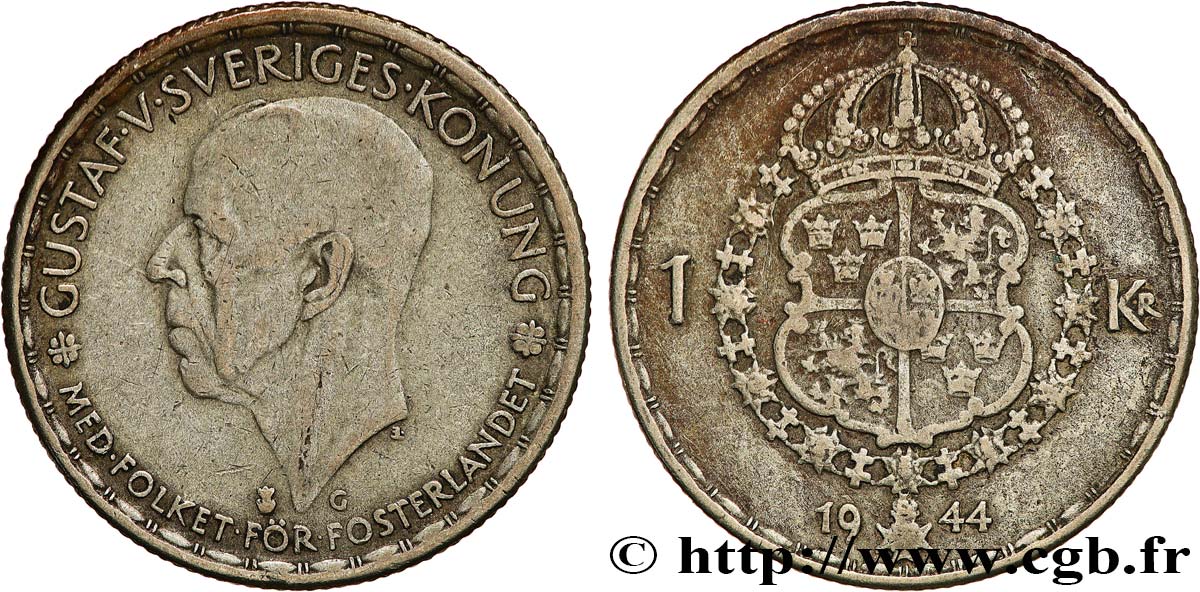 SWEDEN 1 Krona Gustave V 1944 VF
