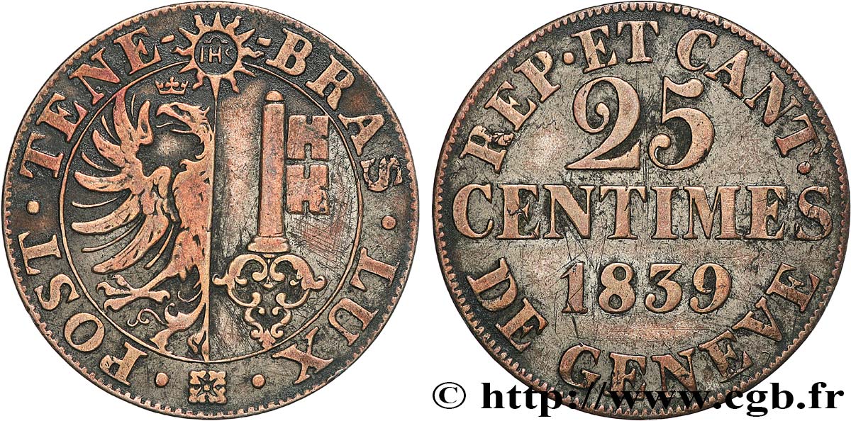 SUISSE - RÉPUBLIQUE DE GENÈVE 25 Centimes 1839 TTB