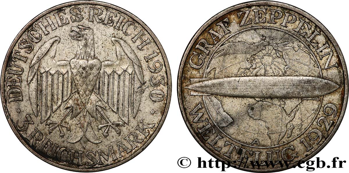 ALLEMAGNE 3 Reichsmark Graf Zeppelin 1930 Hambourg - J TTB
