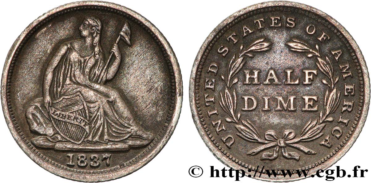 UNITED STATES OF AMERICA 1/2 Dime (5 Cents) Liberté assise 1837 Philadelphie XF 