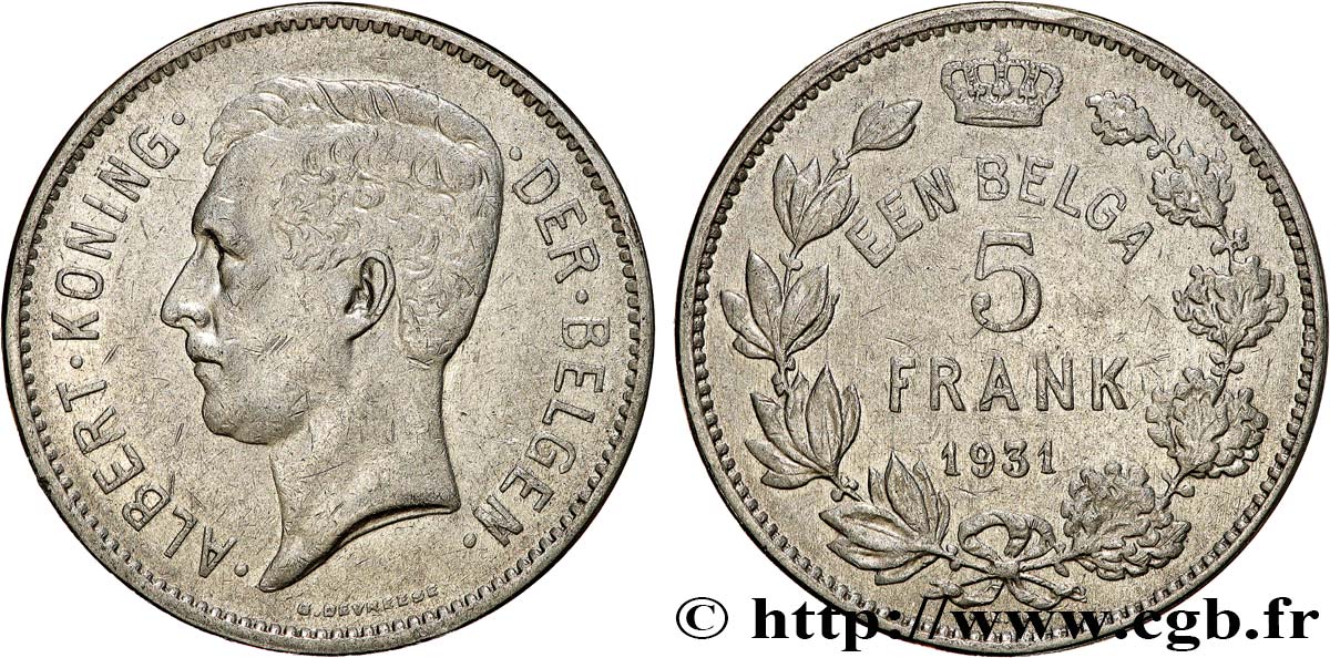BELGIQUE 5 Frank - 1 Belga Albert Ier légende Flamande 1931 TTB