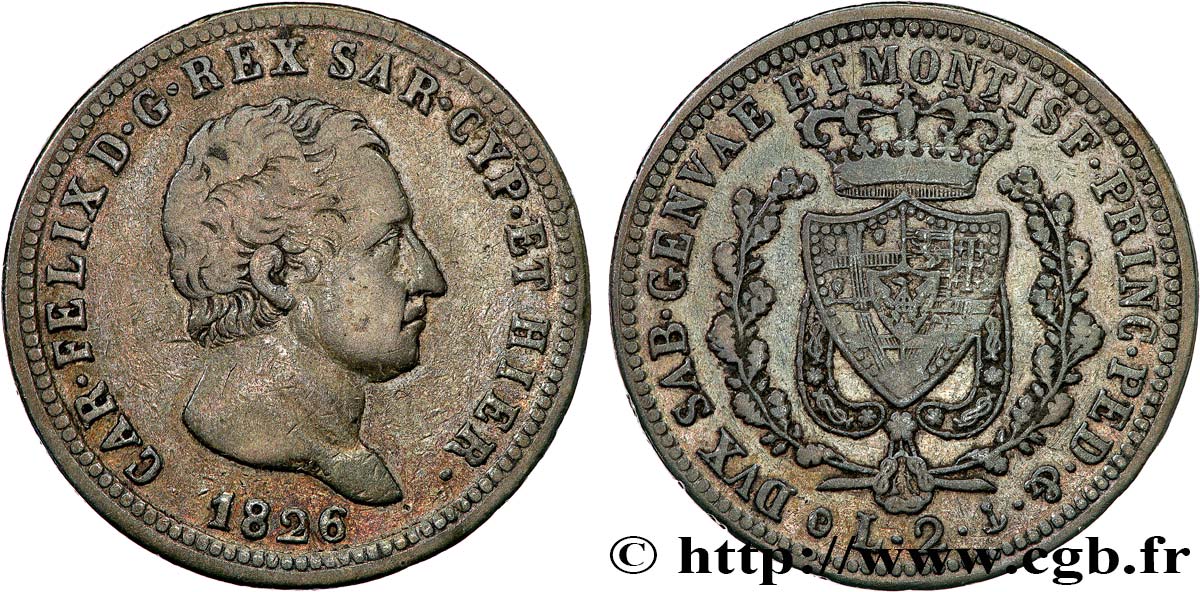 ITALY - KINGDOM OF SARDINIA 2 Lire Charles-Félix 1826 Gênes XF 