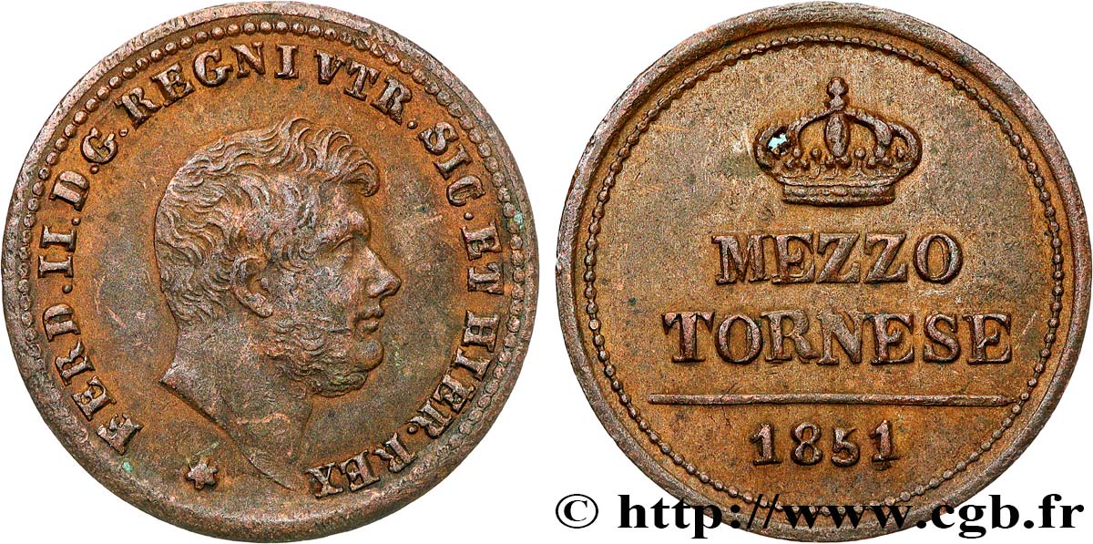 ITALY - KINGDOM OF TWO SICILIES 1/2 Tornese Ferdinand II 1851 Naples XF 