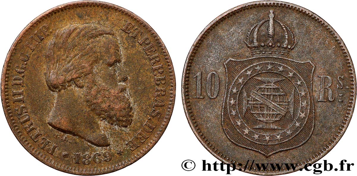 BRAZIL 10 Réis Pierre II 1869  XF 