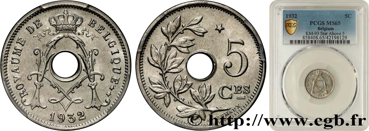 BELGIQUE 5 Centimes type à étoile 1932  FDC65 PCGS
