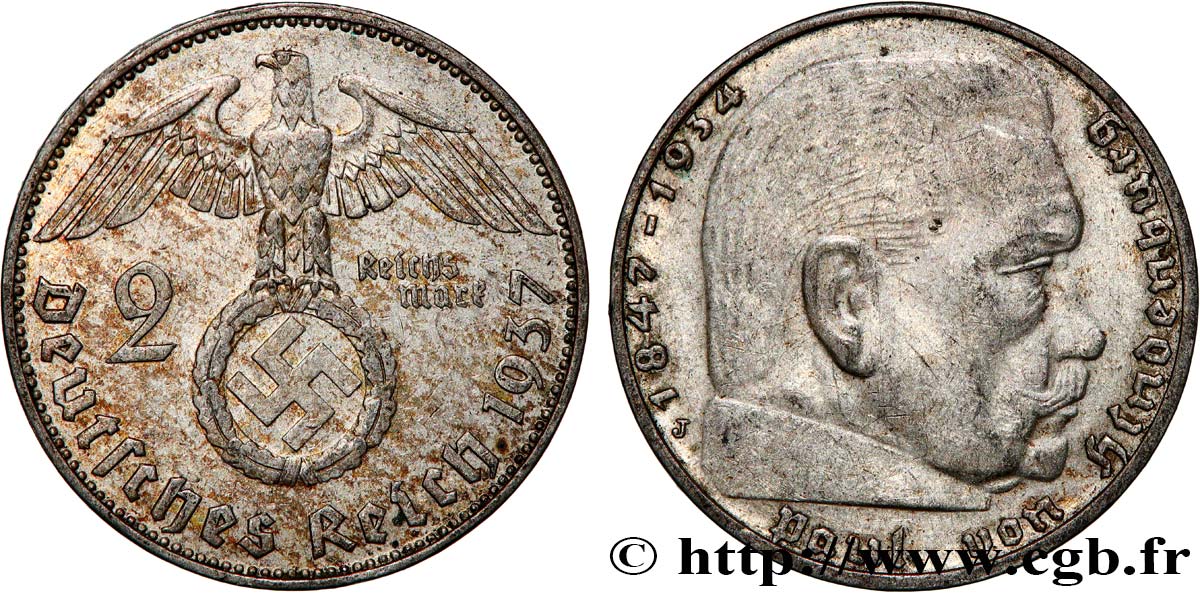 GERMANY 2 Reichsmark Maréchal Paul von Hindenburg 1938 Hambourg XF 