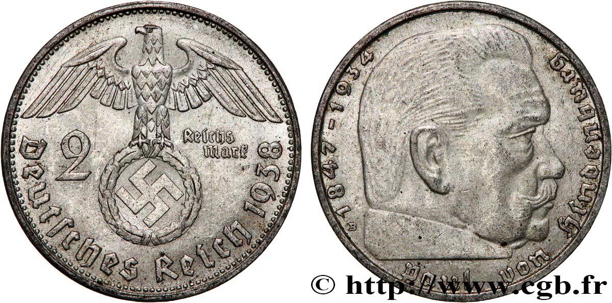 ALLEMAGNE 2 Reichsmark Maréchal Paul von Hindenburg 1938 Vienne TTB+ 