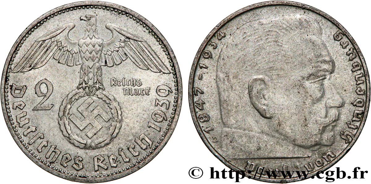ALLEMAGNE 2 Reichsmark Maréchal Paul von Hindenburg 1939 Munich  TTB 