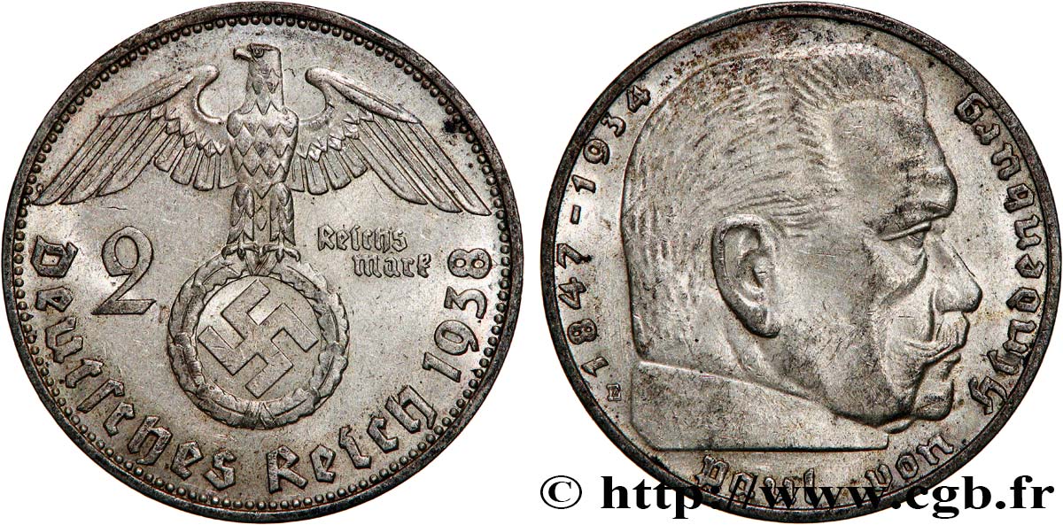 GERMANY 2 Reichsmark Maréchal Paul von Hindenburg 1938 Muldenhütten - E AU 