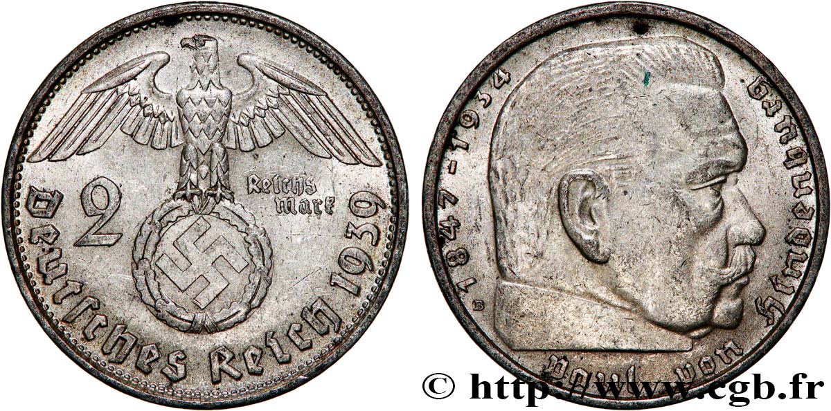 GERMANY 2 Reichsmark Maréchal Paul von Hindenburg 1939 Munich  XF 