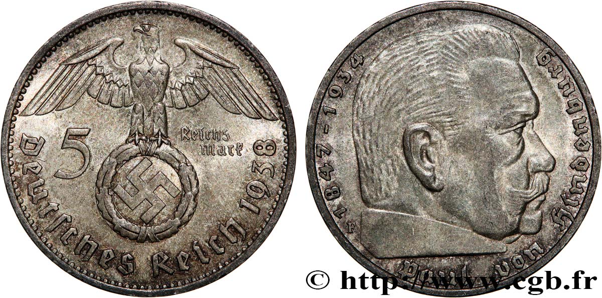 ALLEMAGNE 5 Reichsmark Maréchal Paul von Hindenburg 1938 Stuttgart TTB+ 