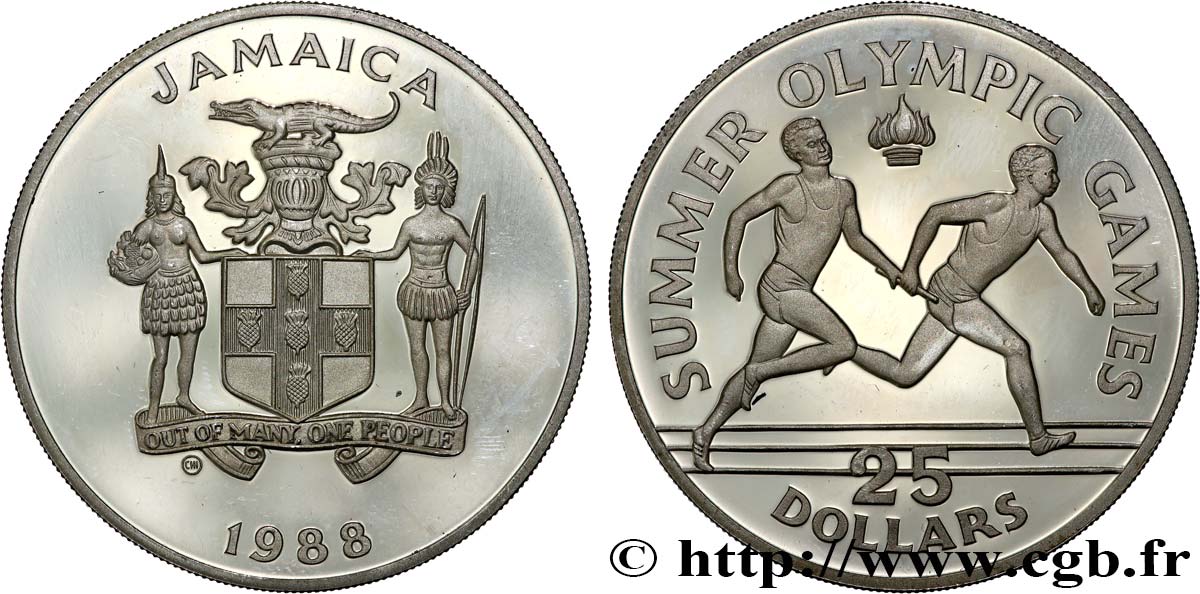 JAMAIKA 25 Dollars Proof Jeux Olympiques d’été Séoul 1988 - course de relais 1988  fST 
